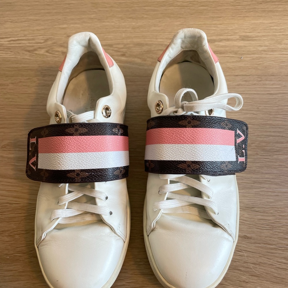 Designer White Sneakers with Pink and Brown Strap